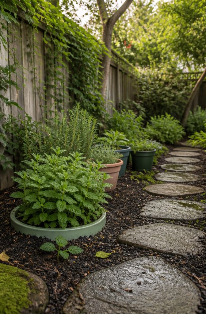 Mint growing in a terracotta pot among other garden plants
