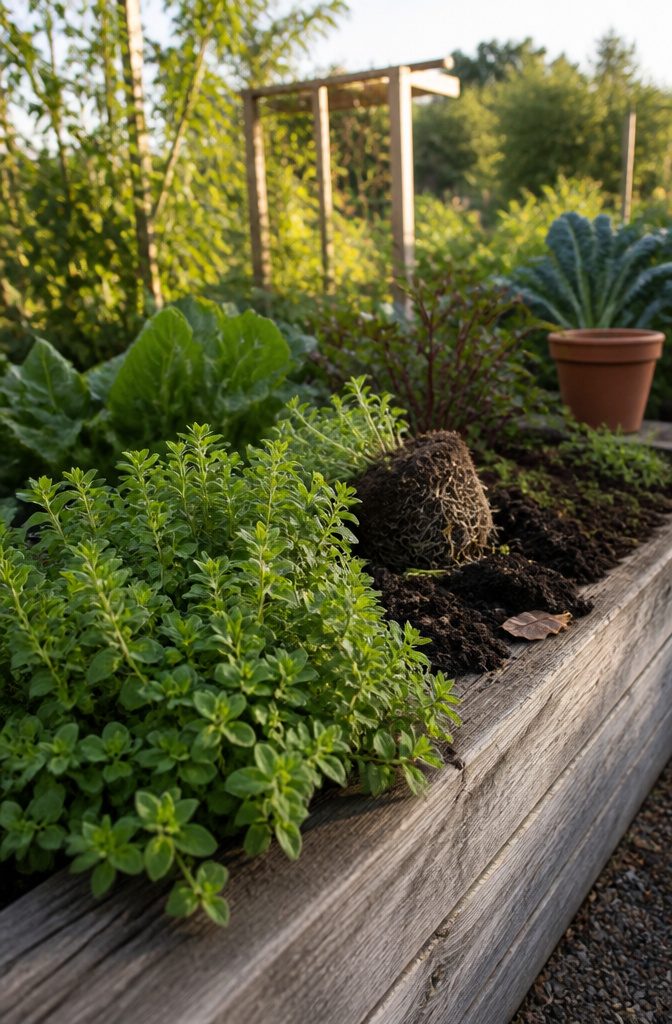Oregano growing in a garden bed with leafy stems spilling over the edge