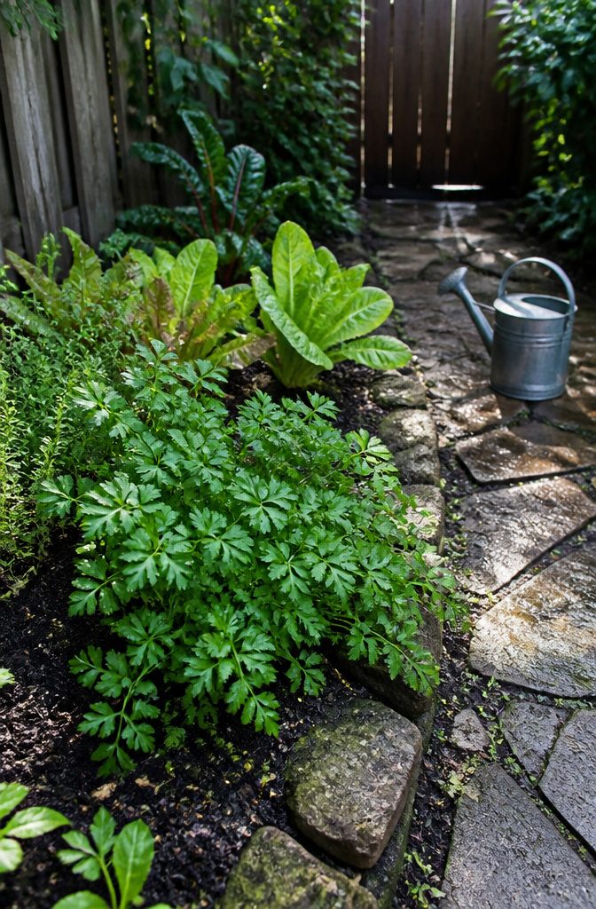 Flat-leaf parsley with deeply divided leaves and cut outer stalks in damp soil