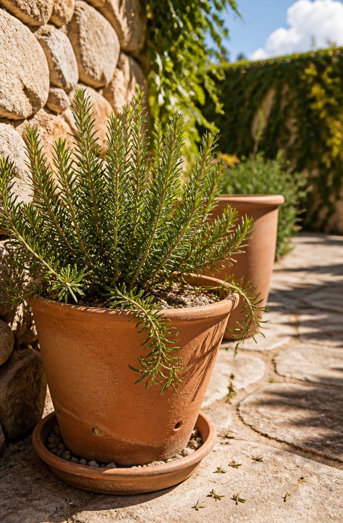Rosemary shrub with needle-like leaves growing in a container
