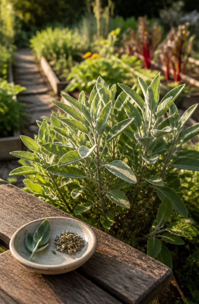 Sage plant with aromatic gray-green leaves growing in a garden bed