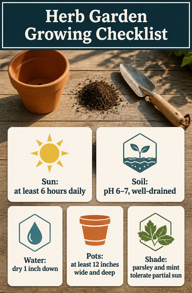 Herb Garden Growing Checklist graphic with guidance on sun soil water and pots