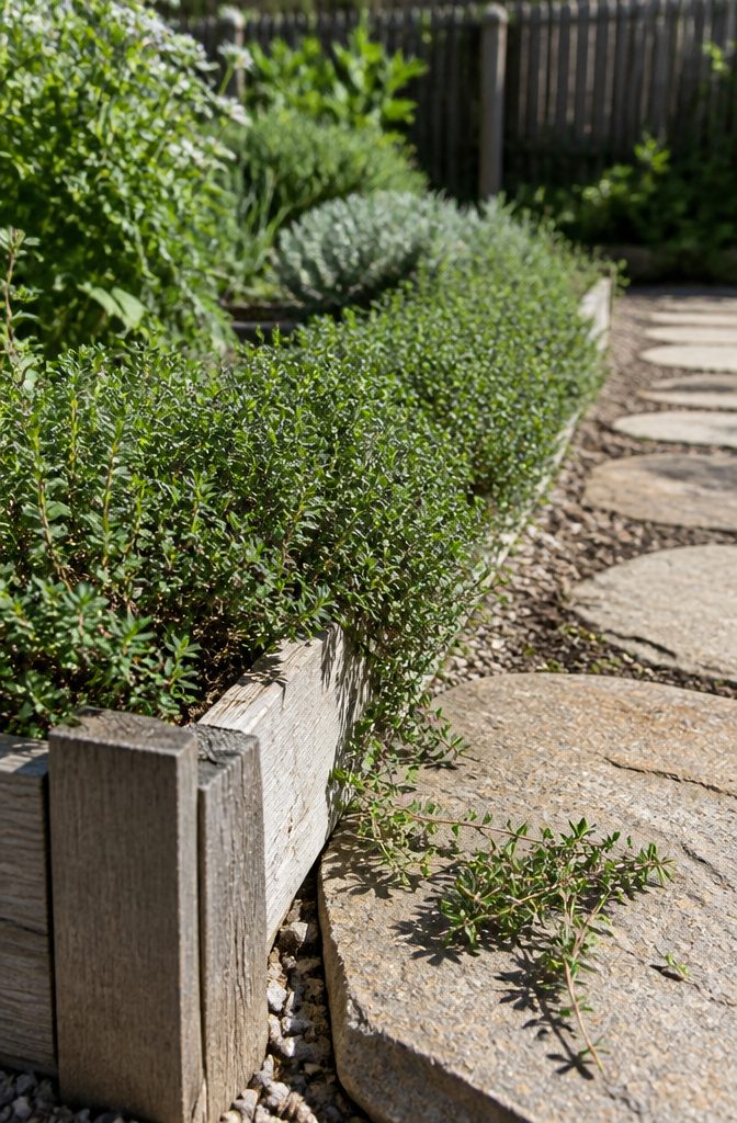 Low thyme mat trailing over a raised bed in sandy soil