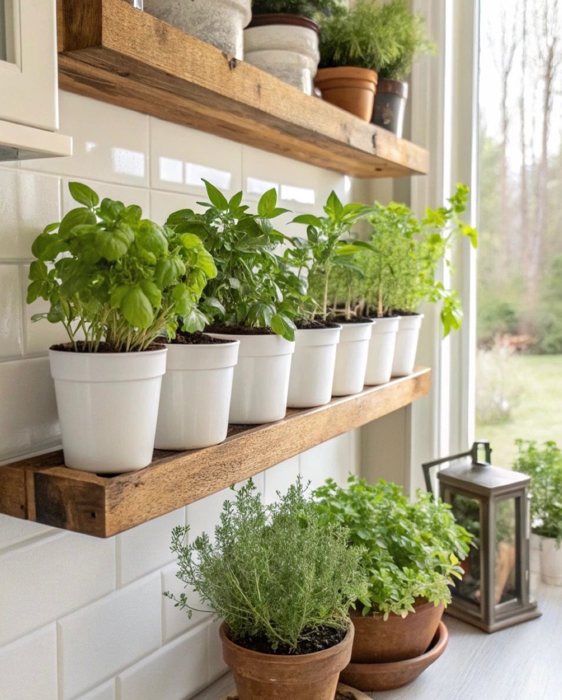 Green herbs in white pots on wooden shelves against a white tiled wall.