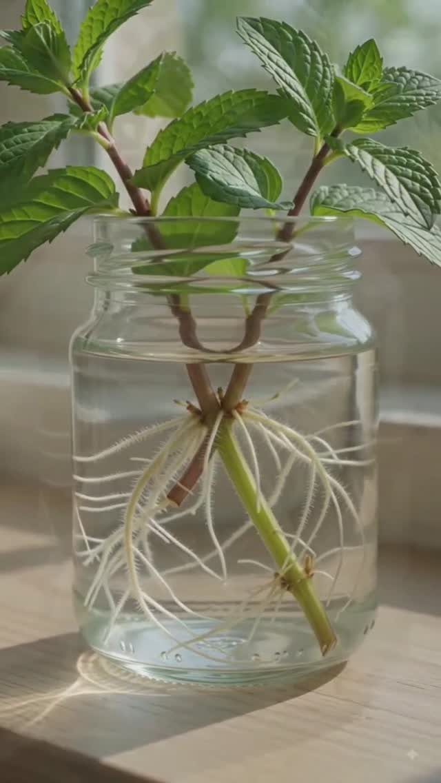 Mint sprigs with white roots growing in a clear glass jar of water.