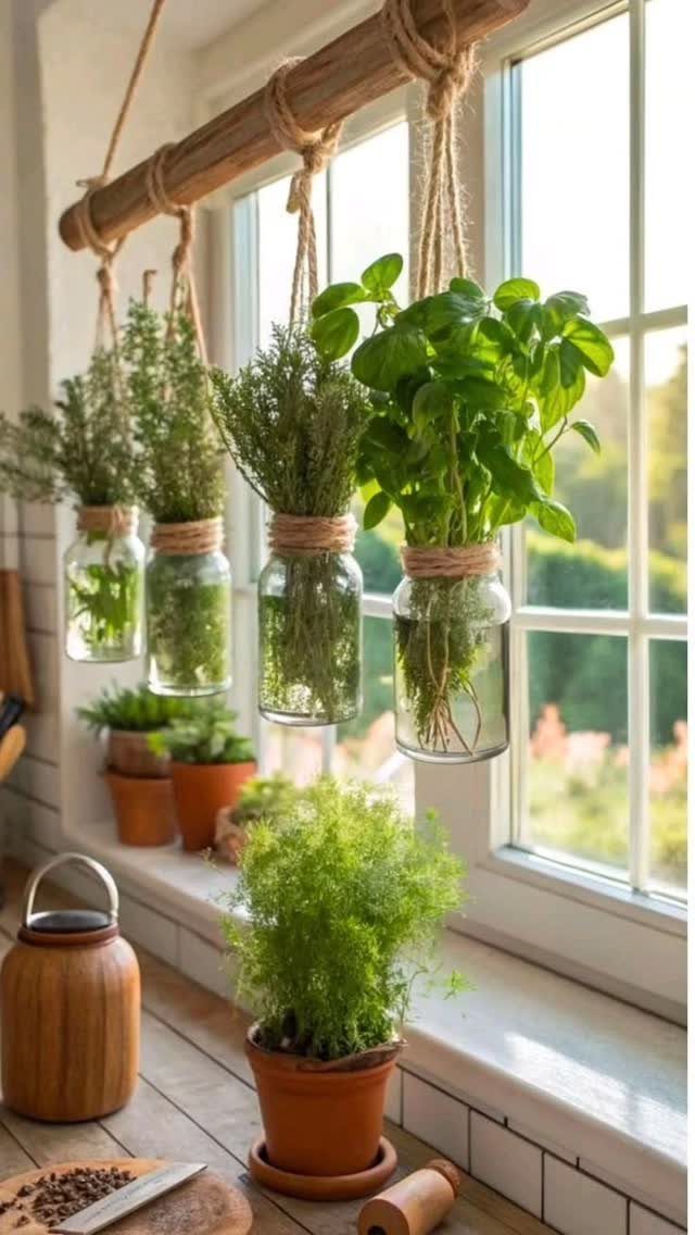 Hanging glass jars with fresh green herbs suspended by rope near a window.