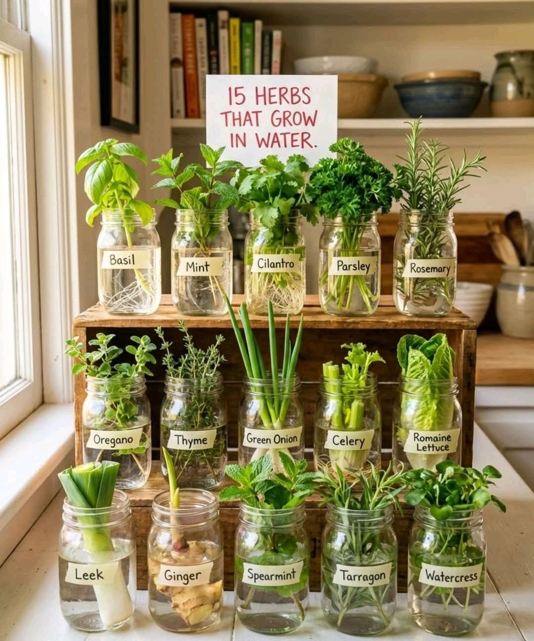 Various labeled herbs growing in water jars on a wooden stand by a window