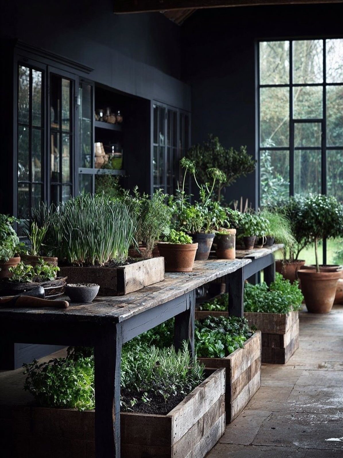 Green herbs in wooden planters and clay pots on a rustic indoor table.