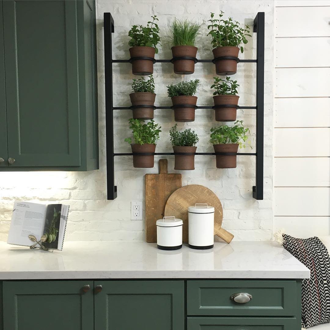 Indoor herb garden with nine potted plants on a black metal wall rack.