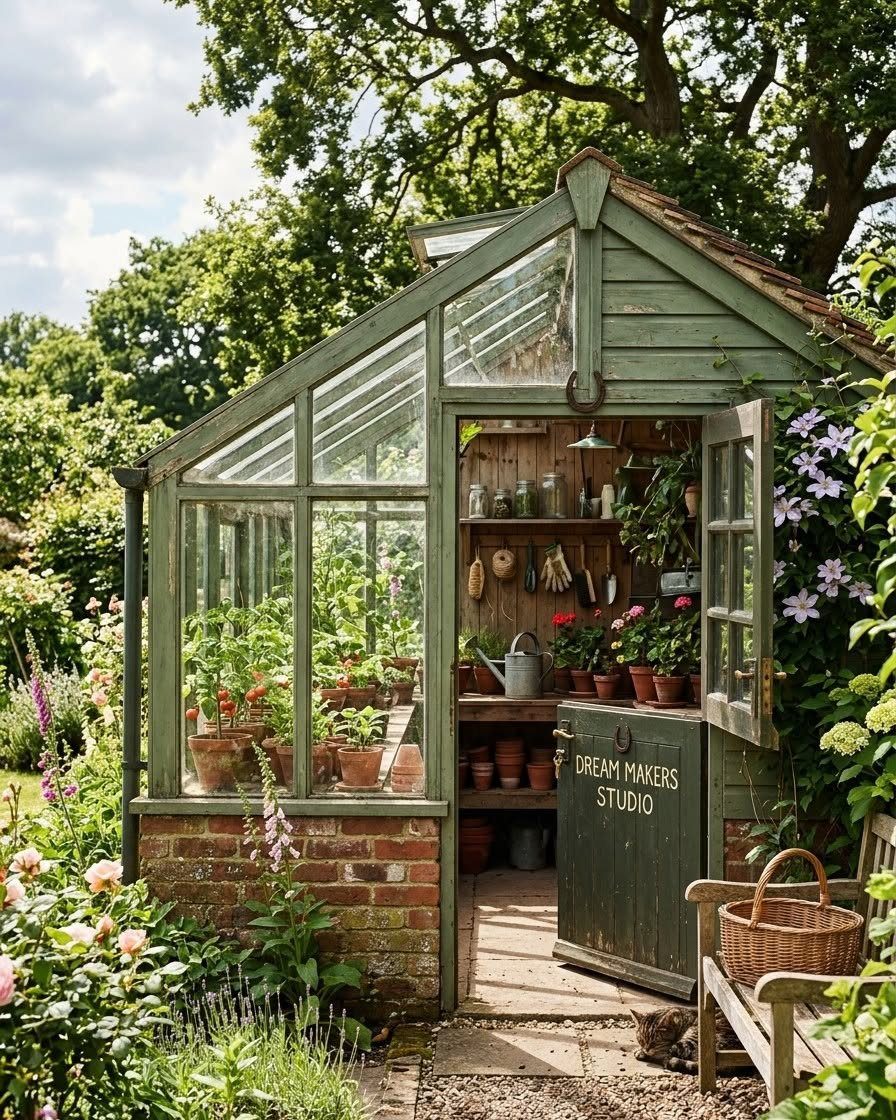 Green wooden barn style greenhouse with glass walls and a brick foundation in a garden