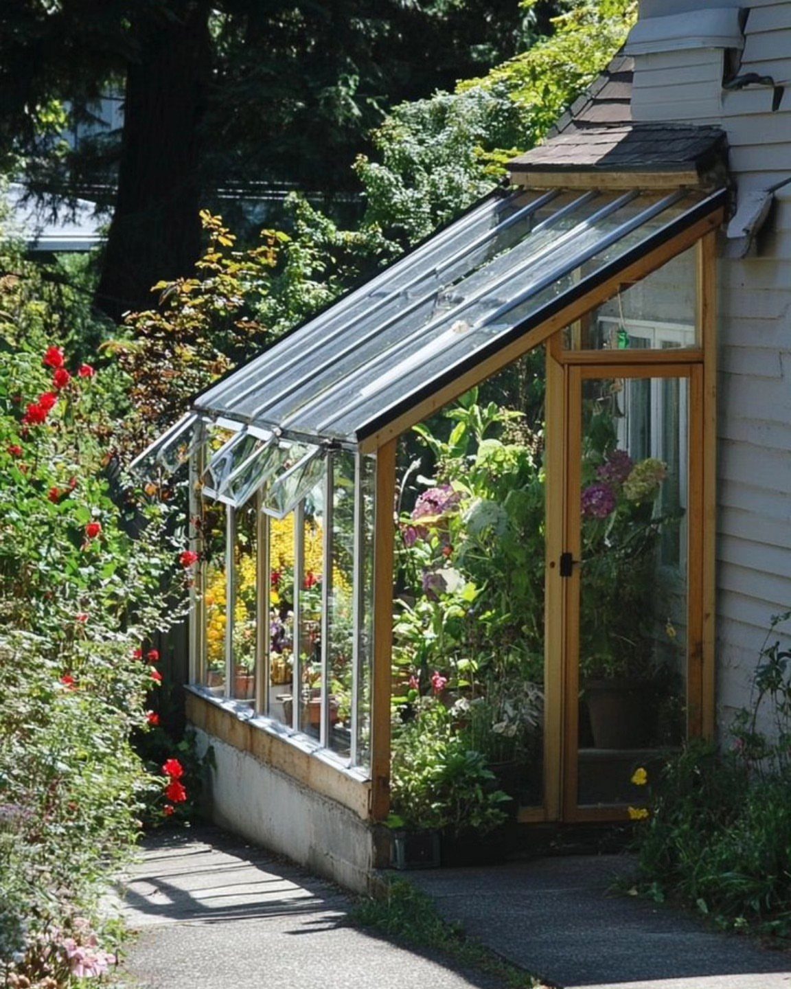 Lean-to greenhouse with wooden frame and glass panels attached to a house wall.