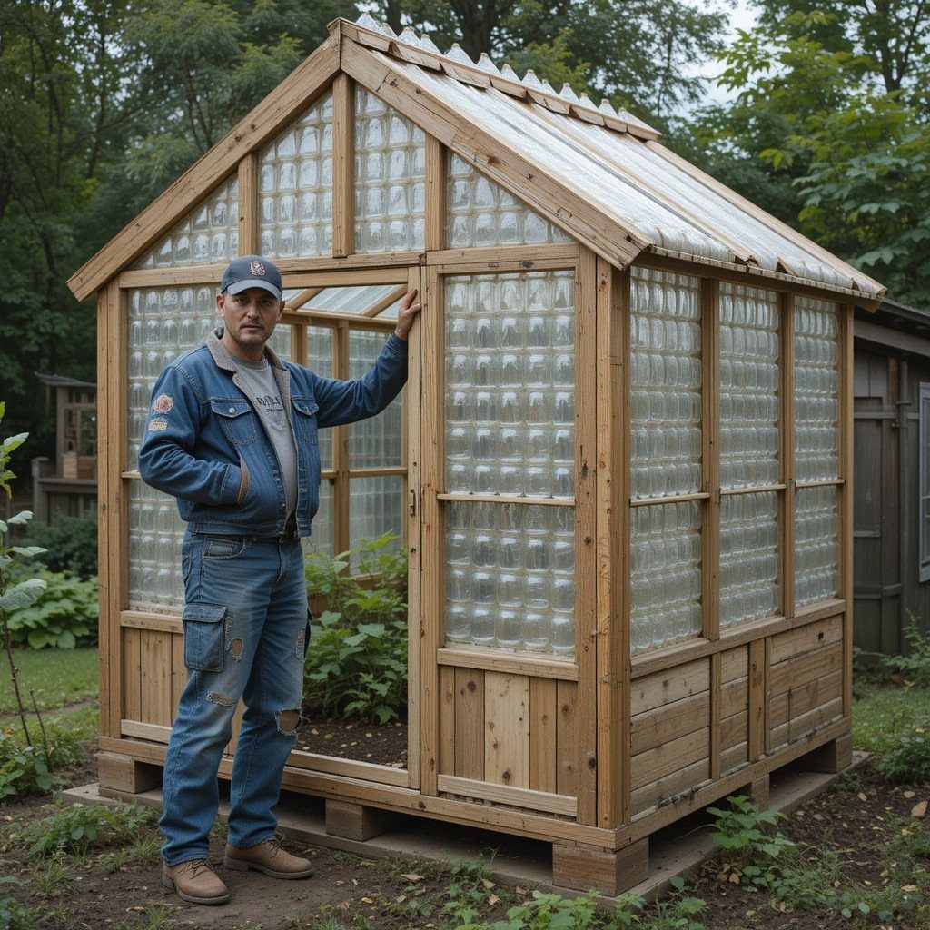 Man standing beside a homemade greenhouse made from wood and recycled plastic bottles.