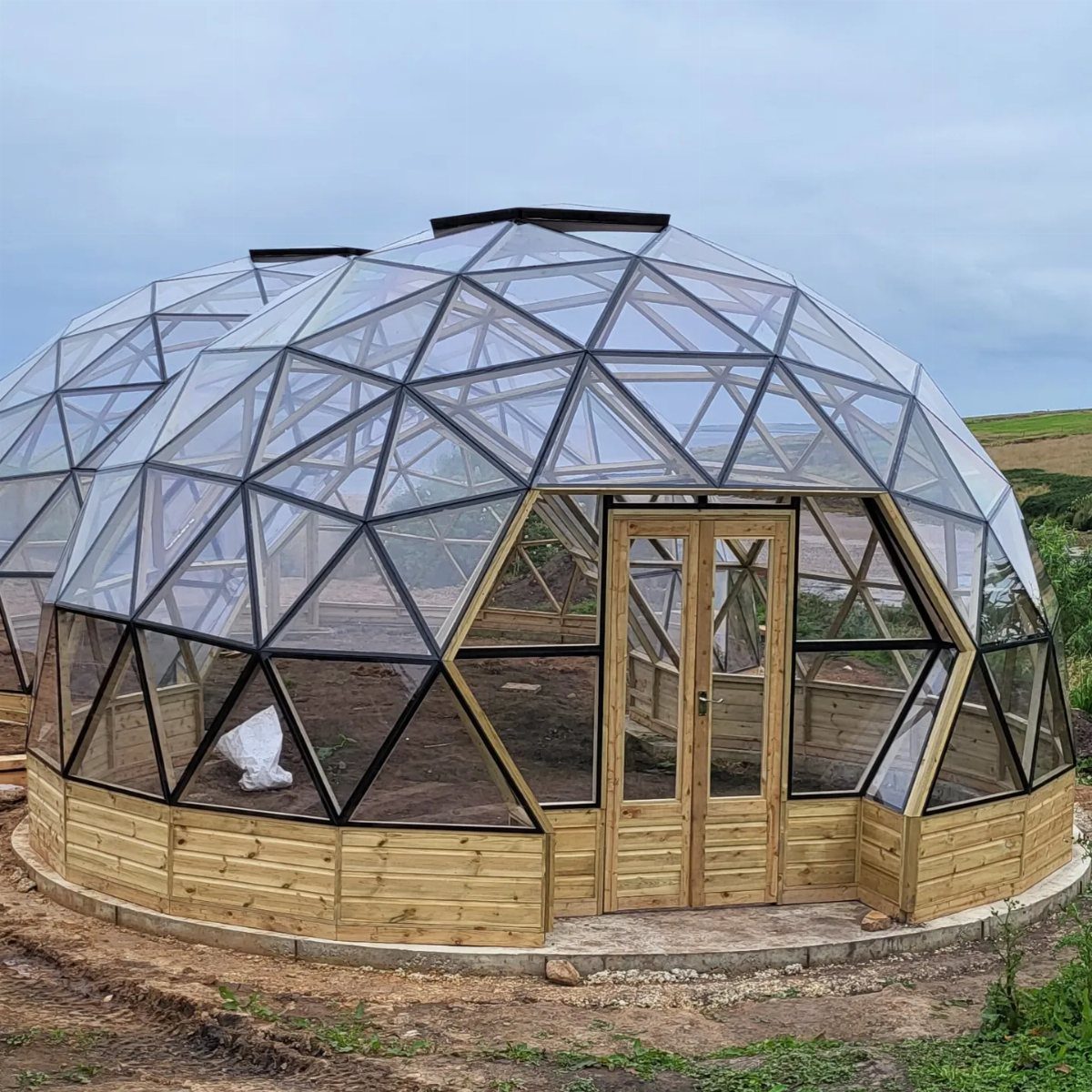 Geodesic dome greenhouse with clear polycarbonate panels, black frame, and wooden base.