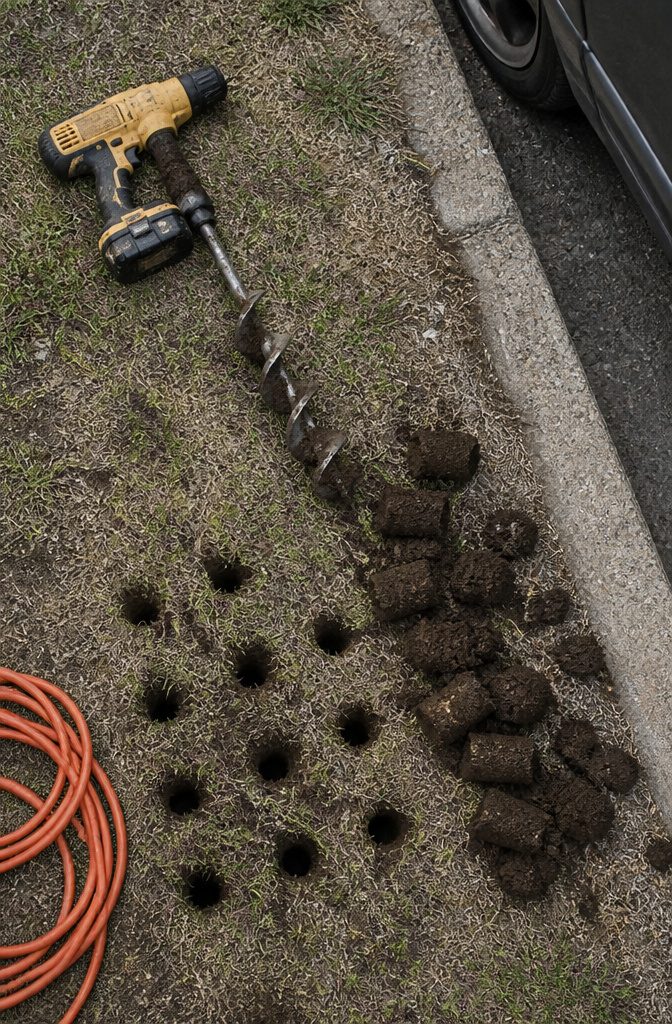 Cordless drill with auger bit over a patch of grass