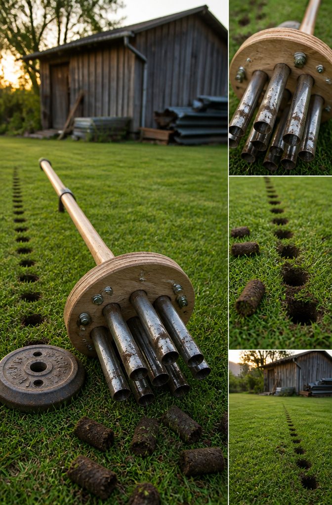 Weighted wooden disc with steel pipe tines and a wooden handle