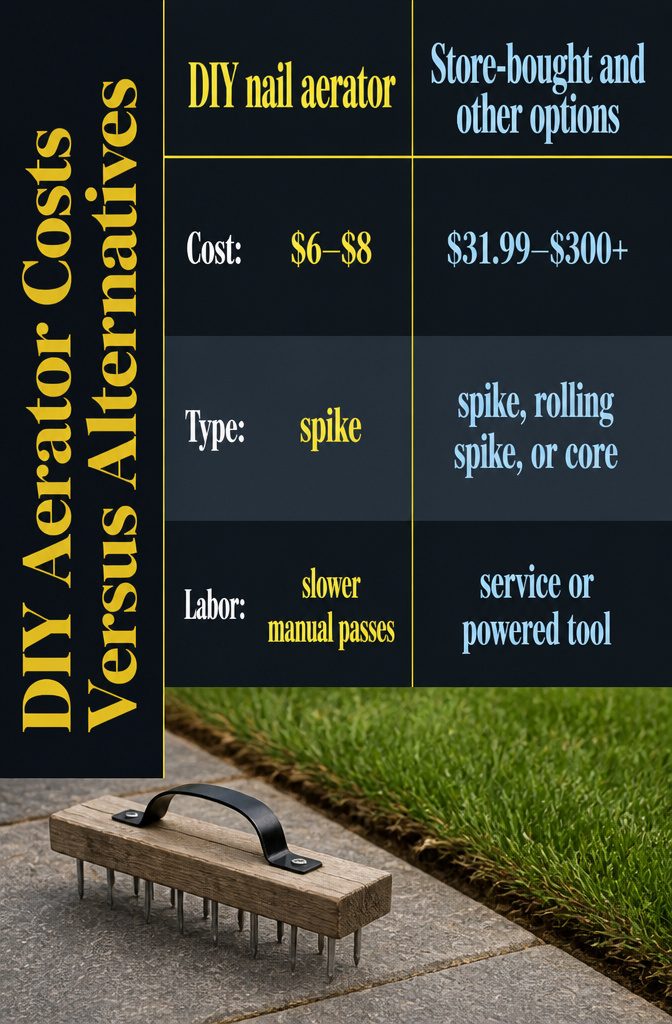 Cost comparison graphic listing DIY aerator store-bought tools and service