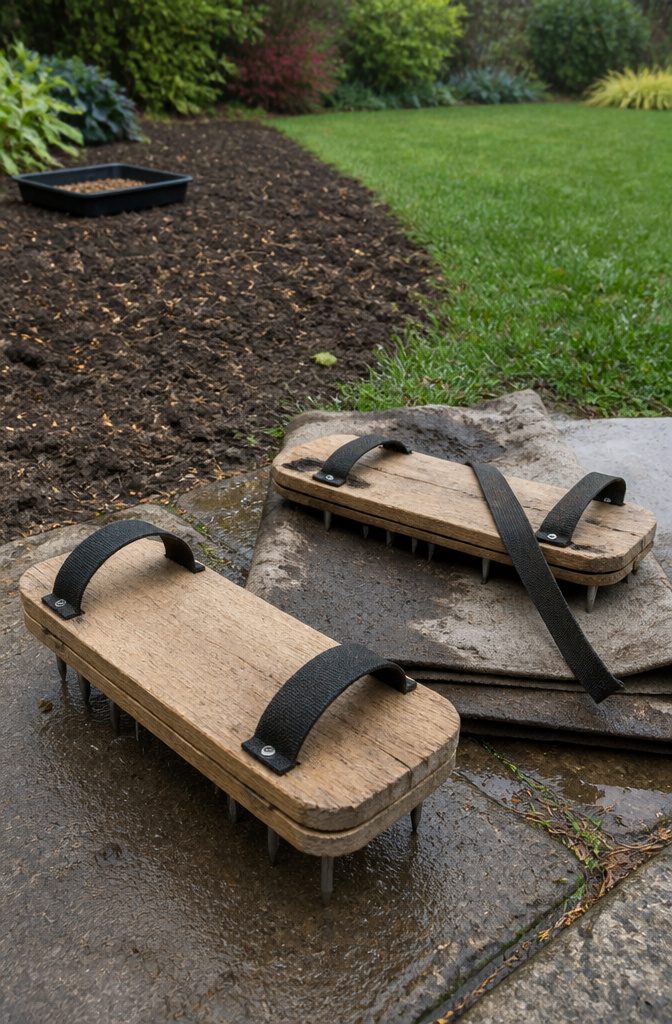 Pair of wooden lawn shoes with short nail points and loose straps