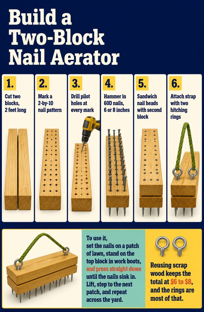 Two wooden blocks joined around nail heads with long points and hitching rings