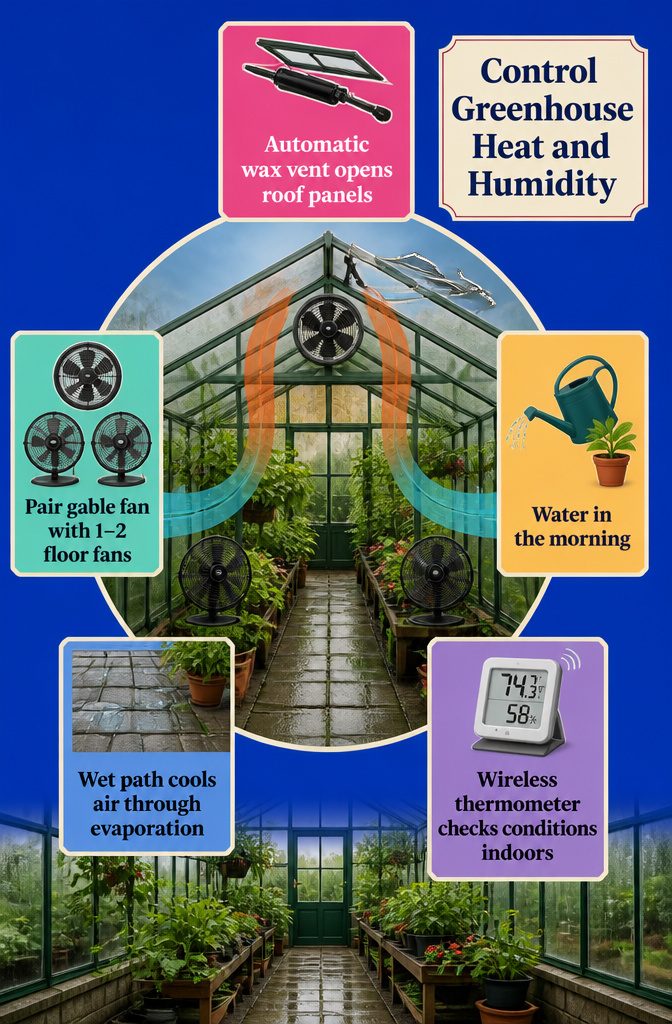 How to Set Up a Greenhouse in 6 Steps, From Permits to Airflow 8 Greenhouse climate control graphic with roof vent and fan