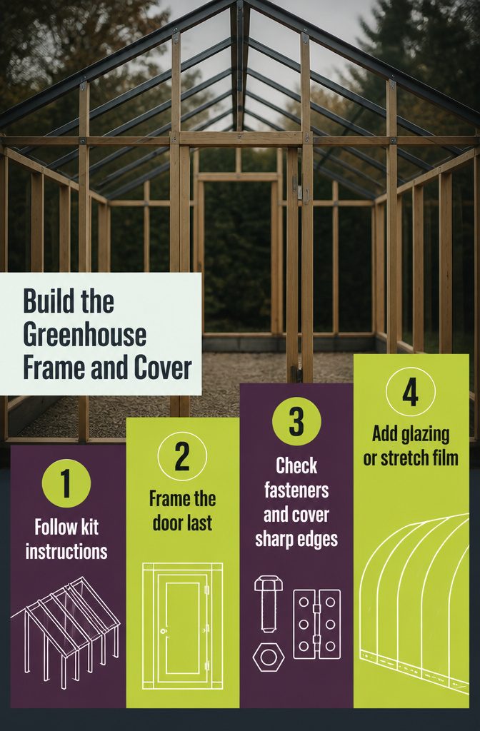 How to Set Up a Greenhouse in 6 Steps, From Permits to Airflow 5 Greenhouse frame and cover graphic with build steps