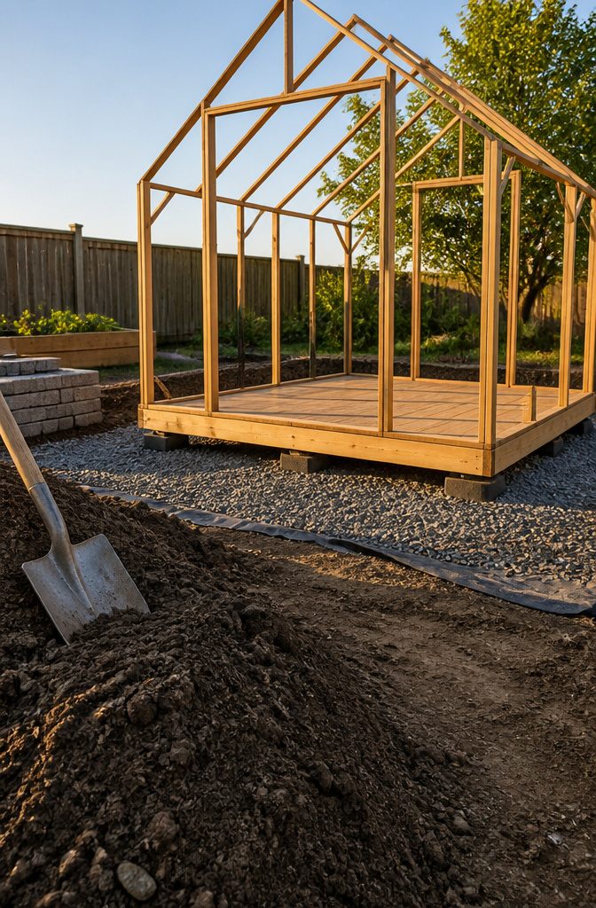 How to Set Up a Greenhouse in 6 Steps, From Permits to Airflow 4 Raised cedar-colored greenhouse base on recessed deck blocks with gravel and landscape fabric