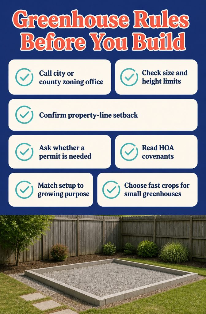 How to Set Up a Greenhouse in 6 Steps, From Permits to Airflow 1 Greenhouse rules graphic with a title about checking rules before building
