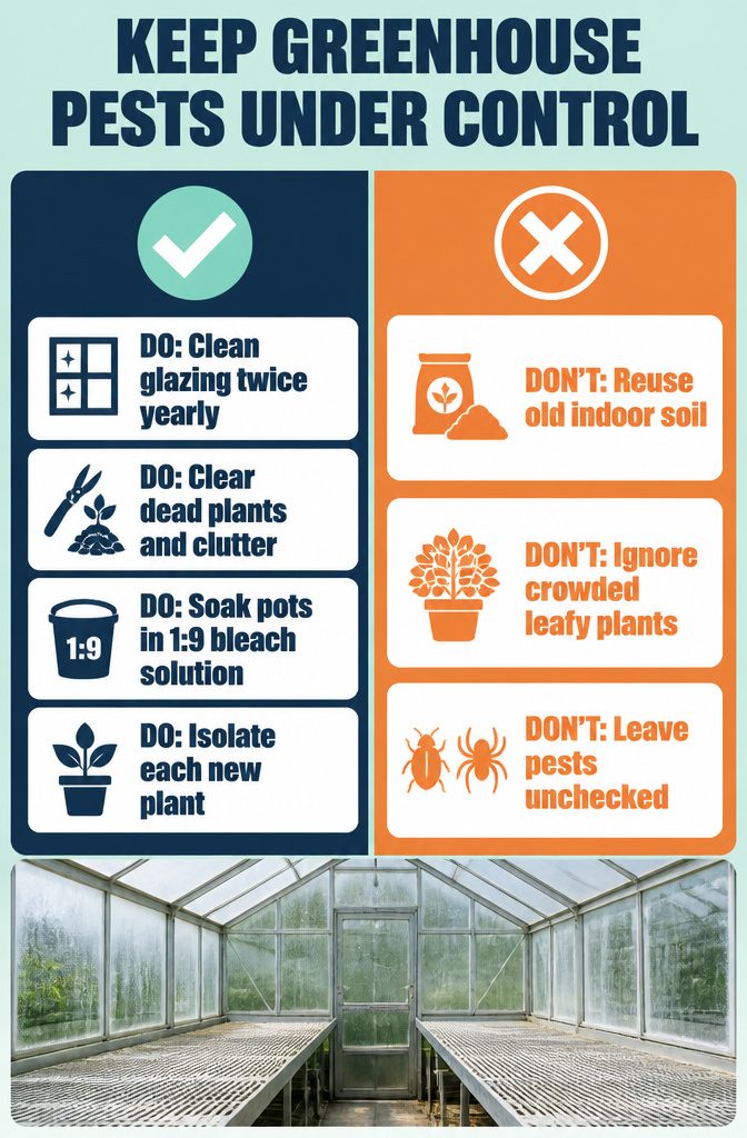 How to Set Up a Greenhouse in 6 Steps, From Permits to Airflow 9 Greenhouse pest control graphic with cleaning and plant inspection tips