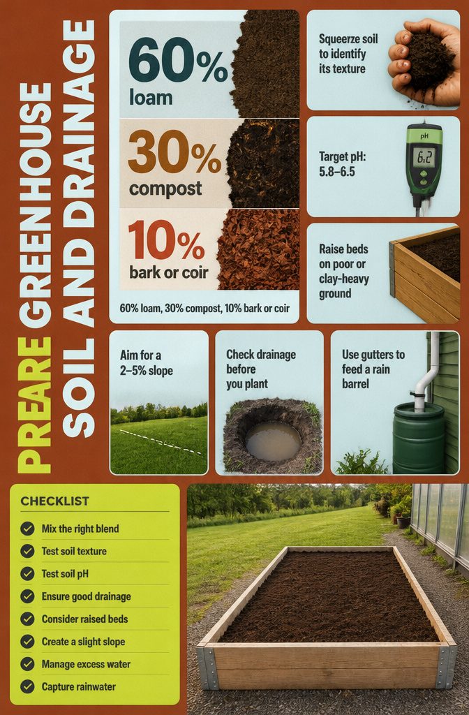 How to Set Up a Greenhouse in 6 Steps, From Permits to Airflow 7 Greenhouse soil and drainage graphic with a soil mix and rain barrel