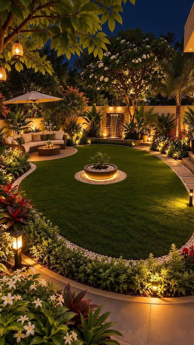 10 Ideas for Landscaping Around Trees, From Moss to Lighting 10 Luxurious backyard garden with oval lawn, fire pit, and warm landscape lighting at night