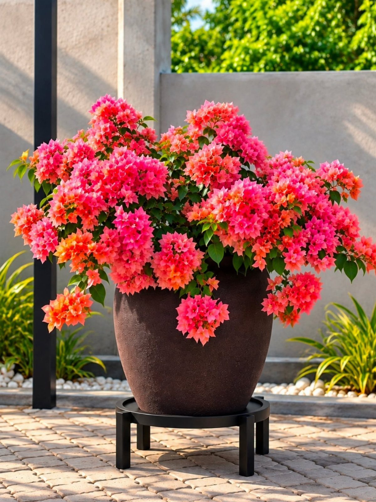 Large dark brown planter with vibrant pink bougainvillea flowers on a black stand.
