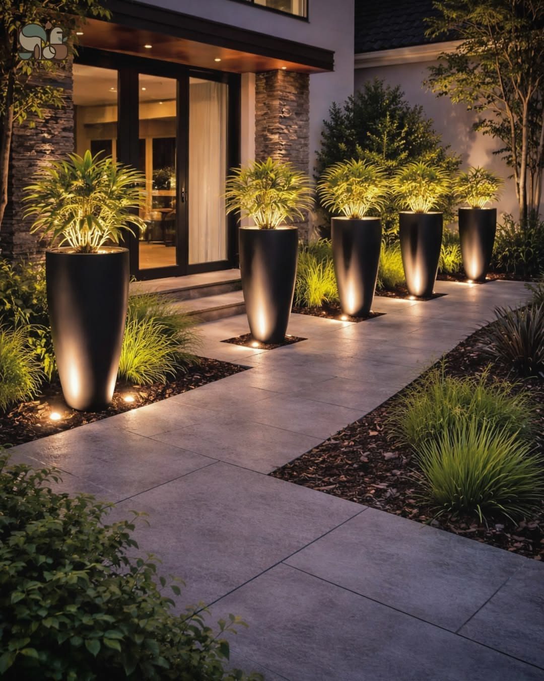 Tall black planters with green plants lining a modern stone walkway at night