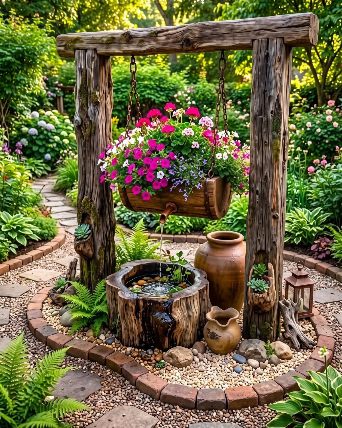 Hanging wooden planter with pink flowers above a rustic log water feature in a garden.