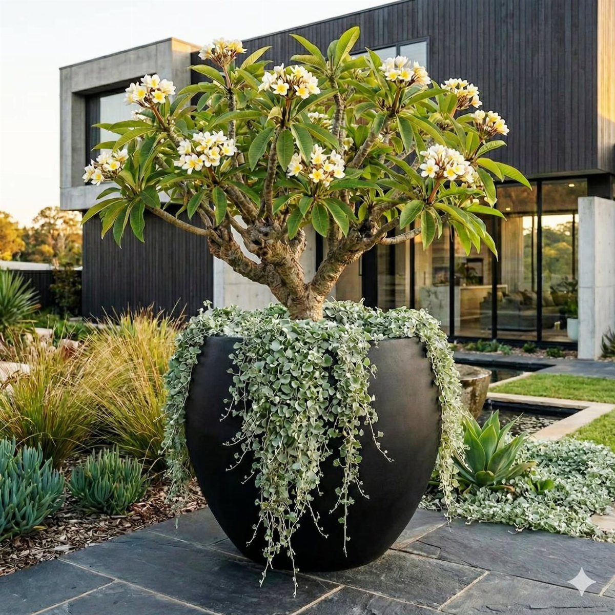 Flowering plumeria tree in a large black round planter on a modern stone patio.