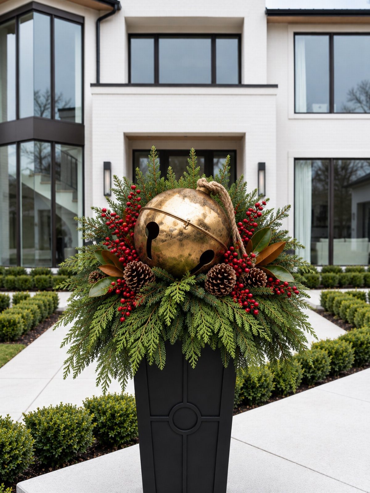 Winter holiday planter with evergreen foliage, red berries, and a large gold bell.