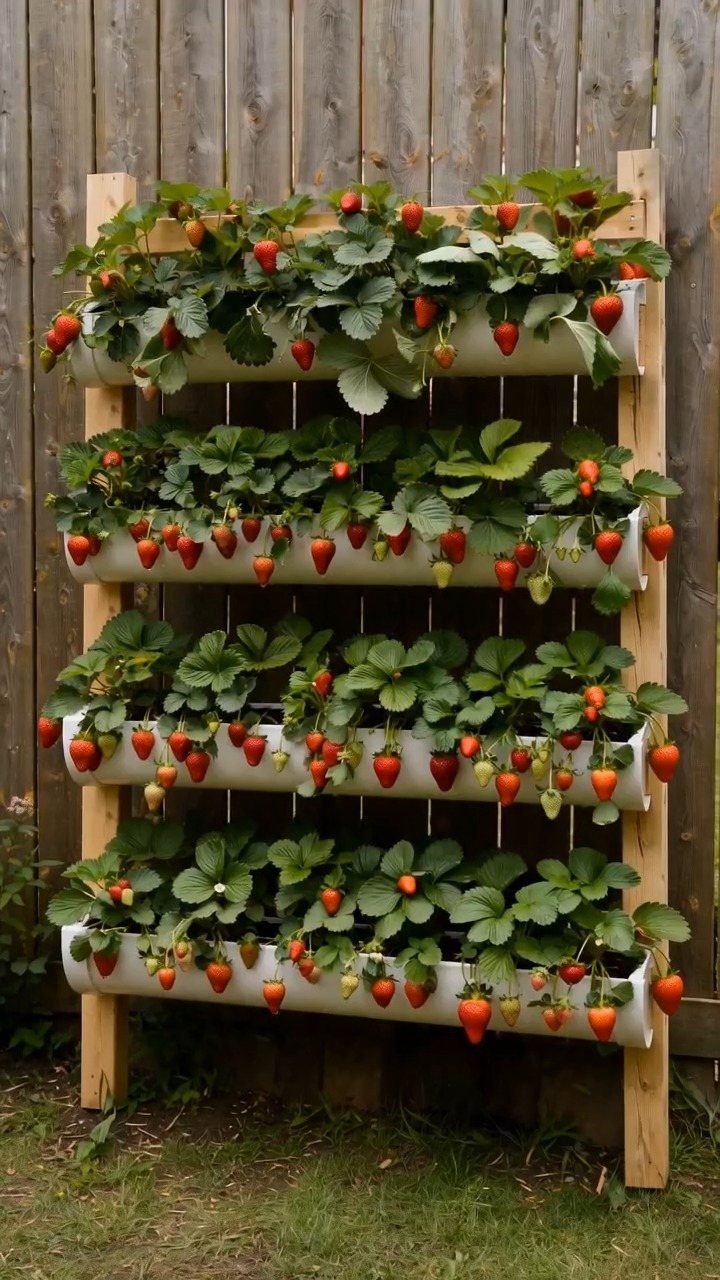Strawberry plants growing in white gutters mounted on a wooden frame against a fence.
