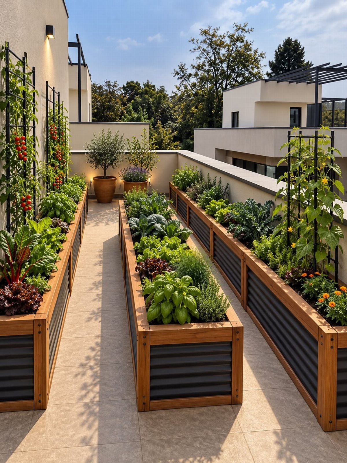 Rectangular raised garden beds with wooden frames and metal sides on a sunny patio.