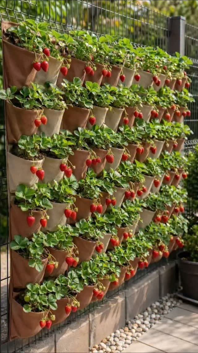 Vertical fabric wall planter with strawberry plants and red berries on a fence