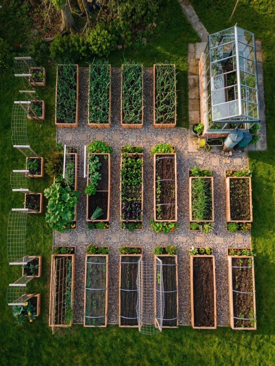 Wooden raised garden beds with vegetables and a glass greenhouse on gravel paths.