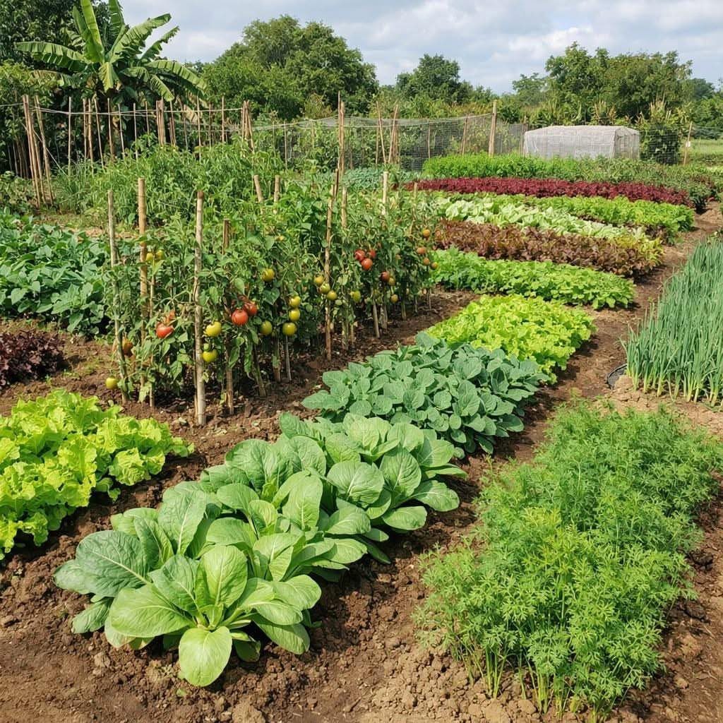Lush kitchen garden with rows of lettuce, bok choy, and staked tomato plants.