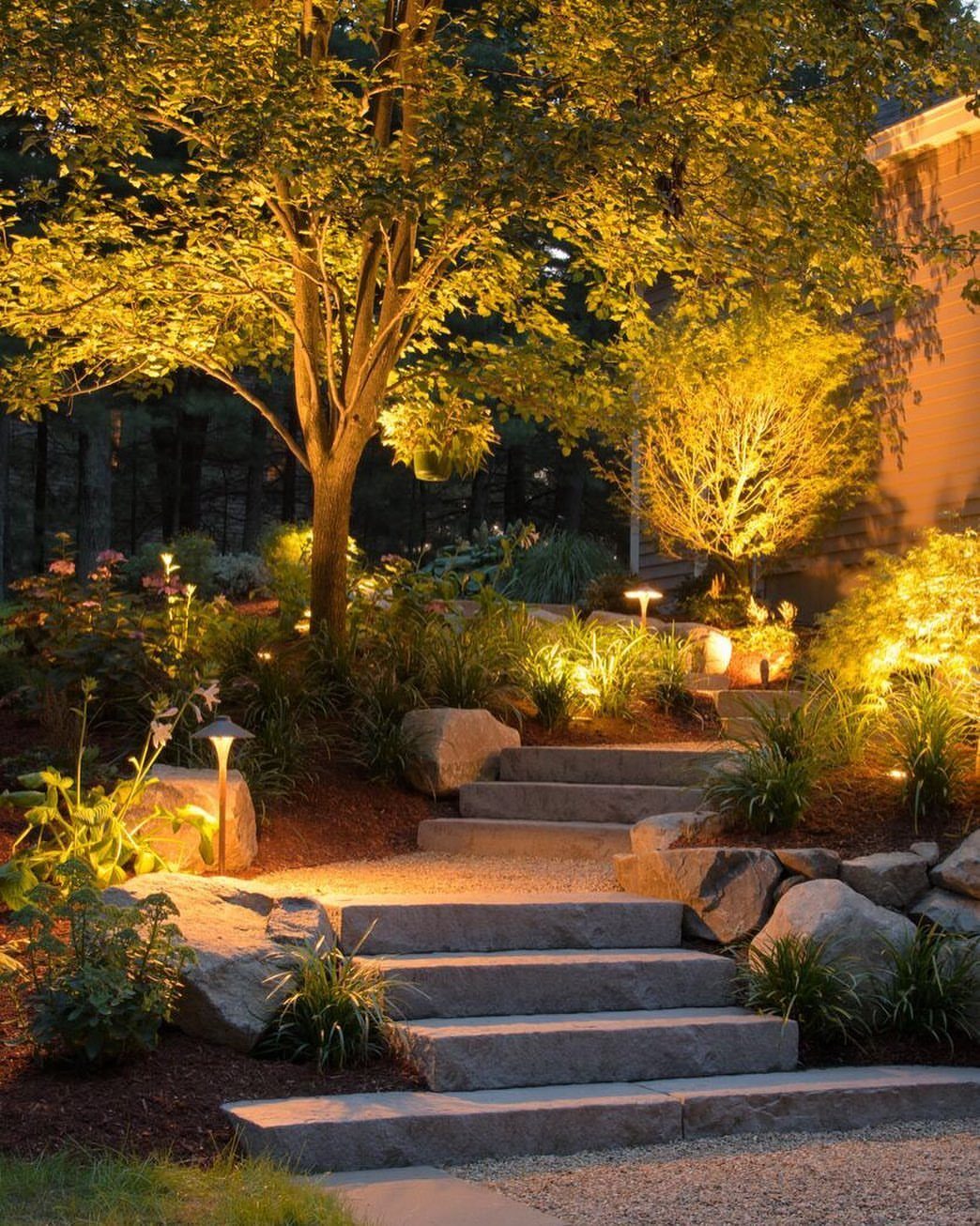 Stone garden steps illuminated by warm lights with ornamental grasses along the edges.