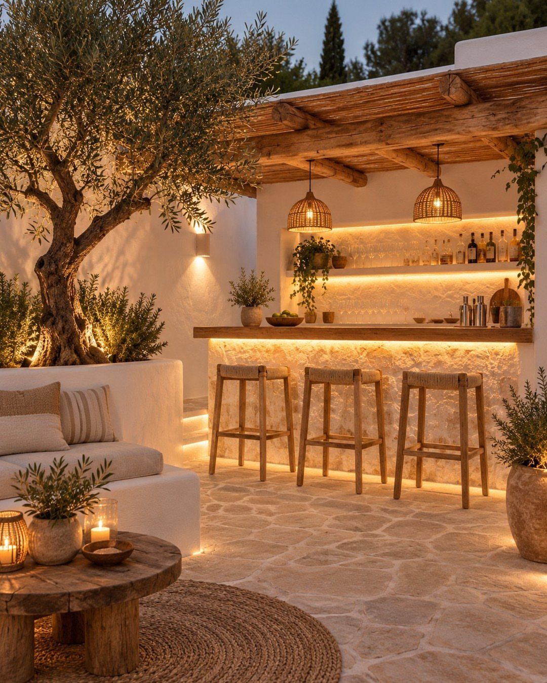 Built-in stone bar with wooden stools under a rustic pergola on a patio.