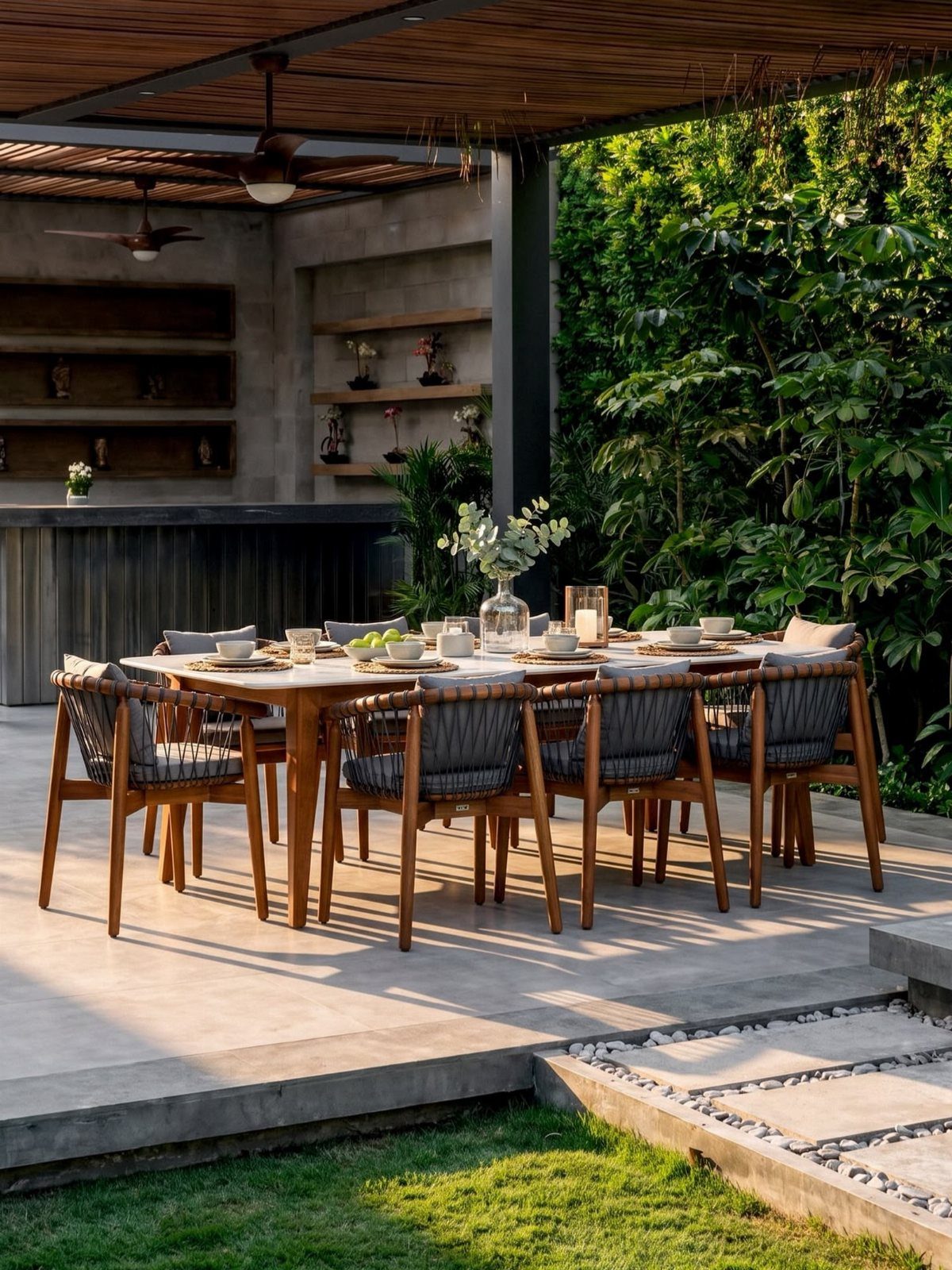 Wooden dining table and chairs on a concrete patio next to an outdoor kitchen.
