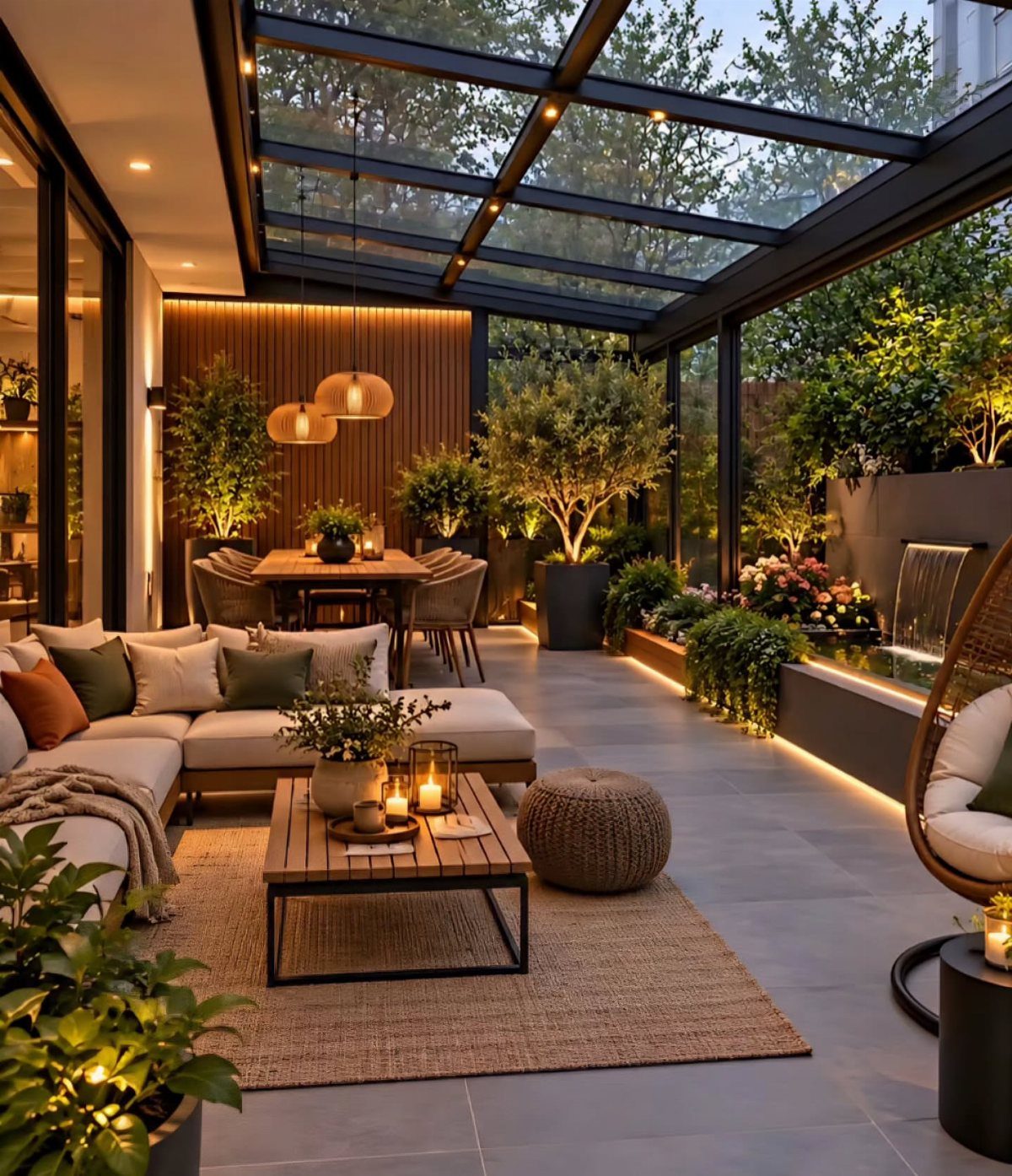 Modern covered patio with a lounge area and a dining table and chairs.