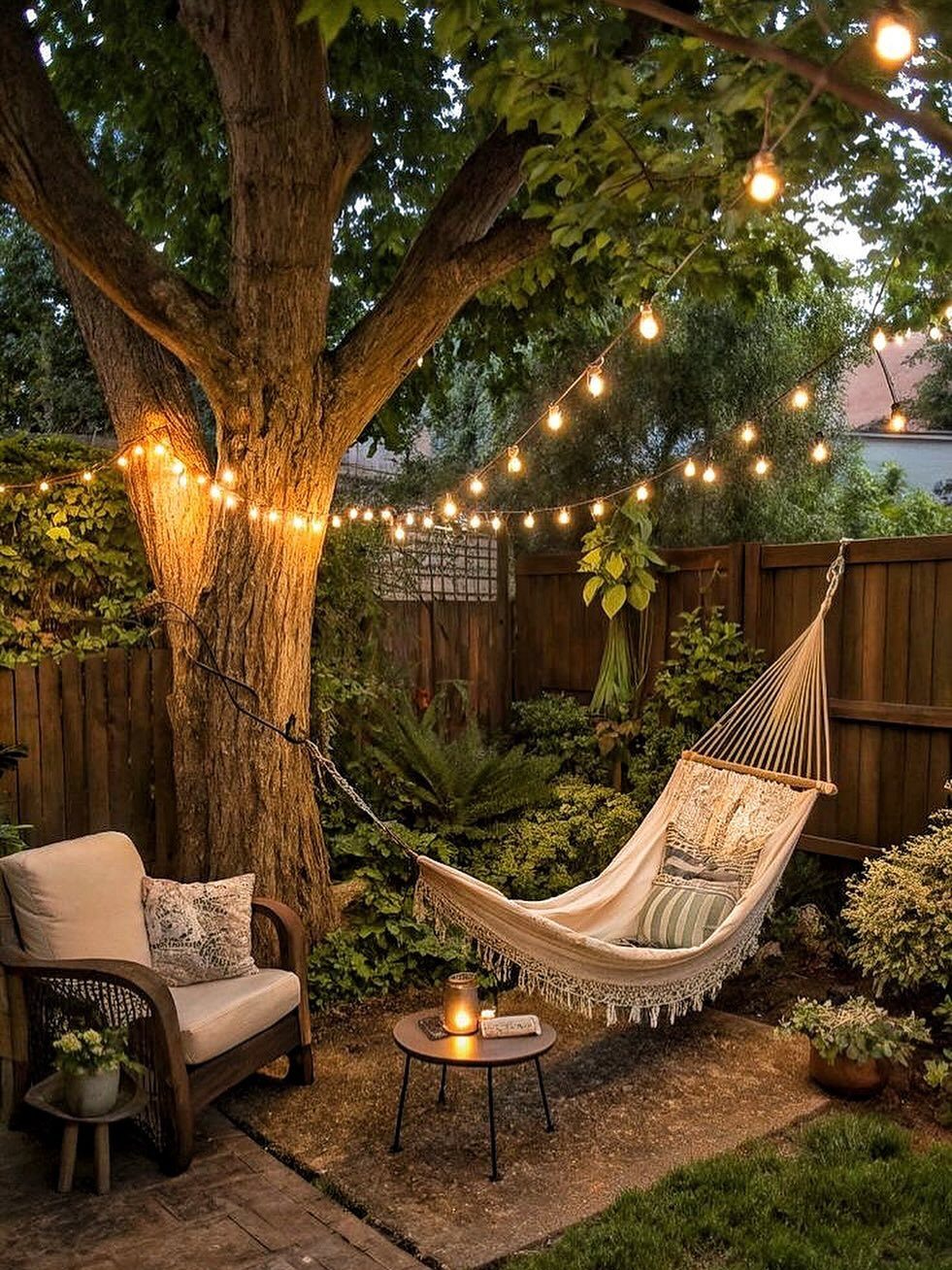 Cream fabric hammock and small side table under a tree with string lights
