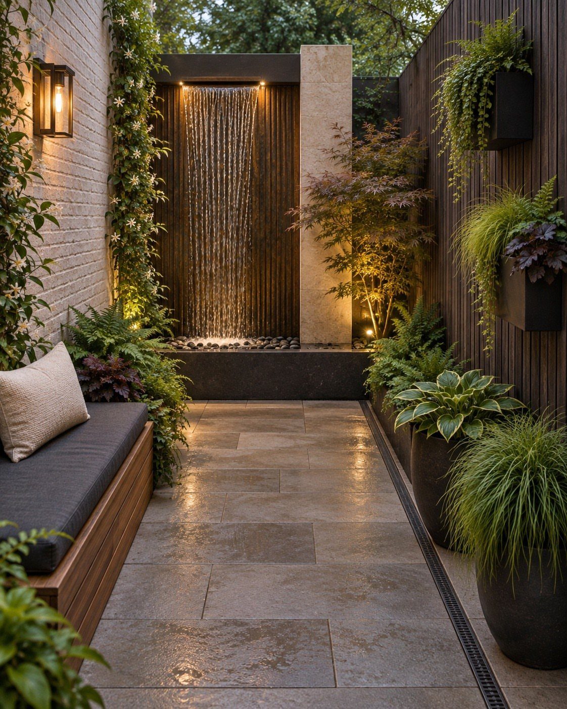 Long wooden bench along a patio wall leading to a modern waterfall feature.