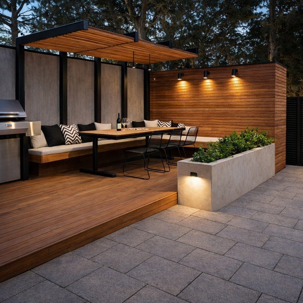 Slim wooden dining table with a built-in bench on a modern wooden deck.