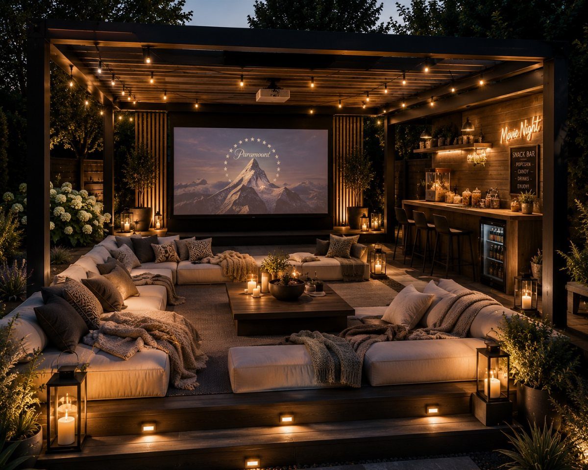 U-shaped sectional sofas facing a large projection screen under a lit outdoor pergola.