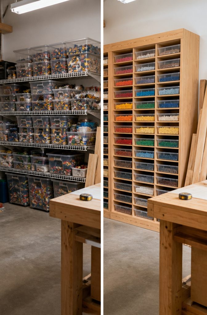 A wooden wall unit with open bins for storing LEGO pieces.