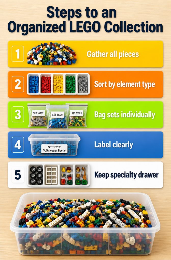 An organized LEGO collection sorted by color and element type.