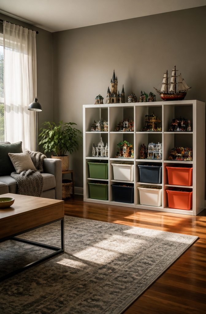 A KALLAX shelving unit with bins and finished LEGO models.